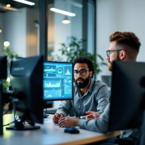 Experto en ciberseguridad revisando el monitoreo de extremo a extremo en un entorno profesional junto a otro especialista